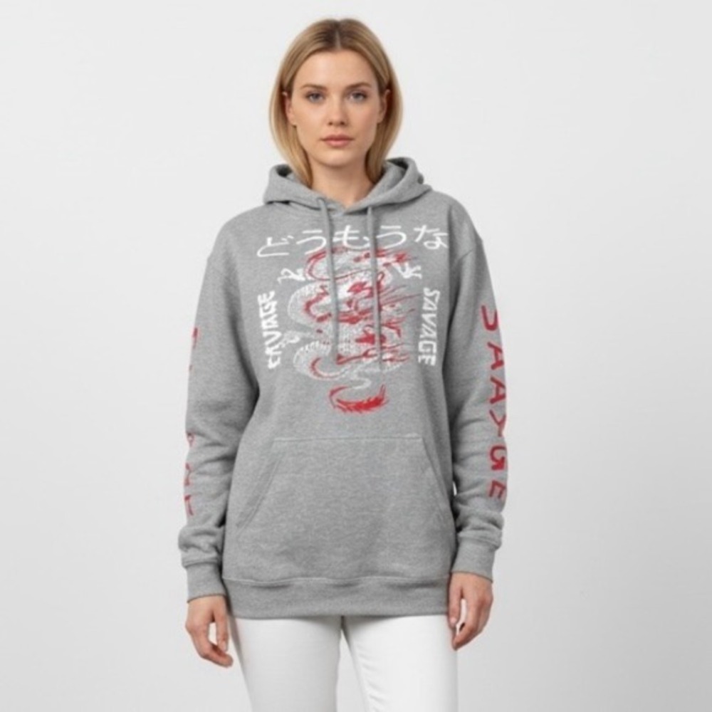 Return To Sender Grey Graphic "Savage" Dragon Hoodie Sweatshirt